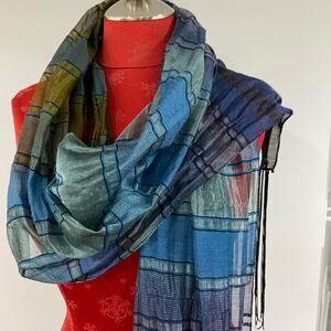 Chico's scarf wrap shawl burnout blue sage sheer long fringe Boho chic elegant